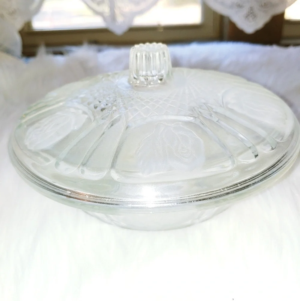 Vintage Clear with Frosted Floral Roses Candy Dish